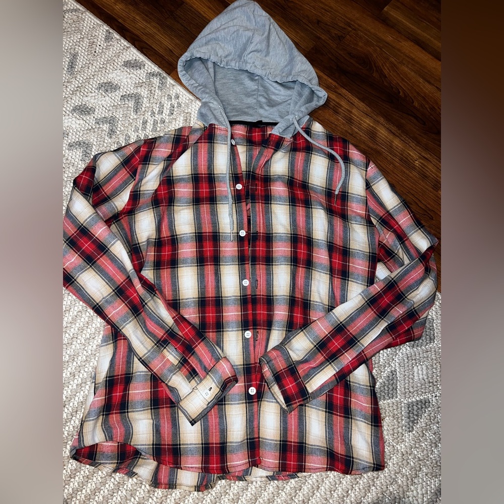 Red and Gray Plaid Button-Up Hoodie